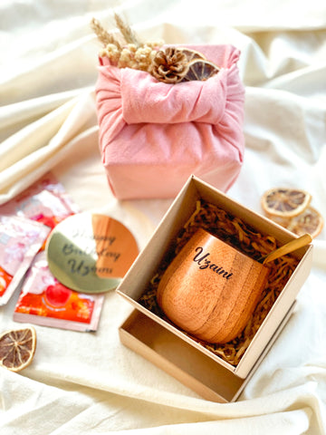Sakura Peach | Personalized Wooden Cup With Golden Teaspoon Set (Klang Valley Delivery)