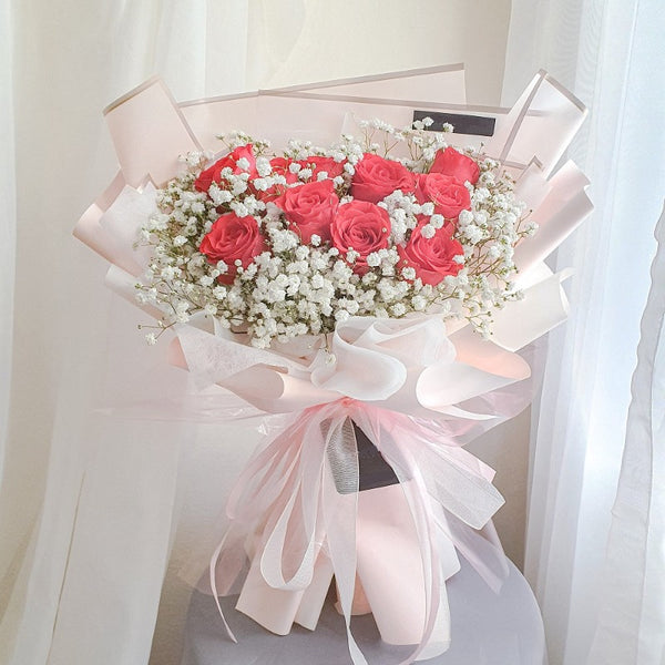Peach Fresh Flower Bouquet Red Rose with Baby Breath (Klang Valley Del