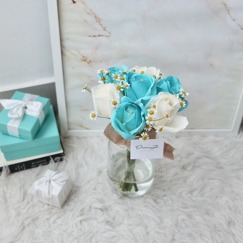 Tiffany Blue & White Roses in Jar