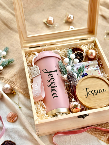 Rosy Winter Treasures | Customizable Wooden Box, Thermos, Chocolate, Notebook & Coaster (Klang Valley Delivery)