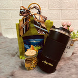'Mother's Day 2024' Personalised Travel Mug Tumbler with Flower Tea Jars, Wooden Spoon and Mini Jute Bag with Bamboo Handles & Twilly Gift Set (Nationwide Delivery)