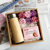 Personalised Gift Box -  Engraved Wooden Stainless Steel Thermos with Chocolate & Soap Roses (Nationwide Delivery)