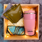 Christmas 2024: Personalised Travel Mug Tumbler with Coffee & Silk Scarf Shawl Satin Hijab Gift Box Set (Nationwide Delivery)