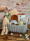 Frosty Comfort | Christmas Gift Set 2025 Silver Theme Customizable Wooden Plate, Blanket, Humidifier, Chocolate, Cookies, Eyemask, Knitted Basket (Klang Valley Delivery)