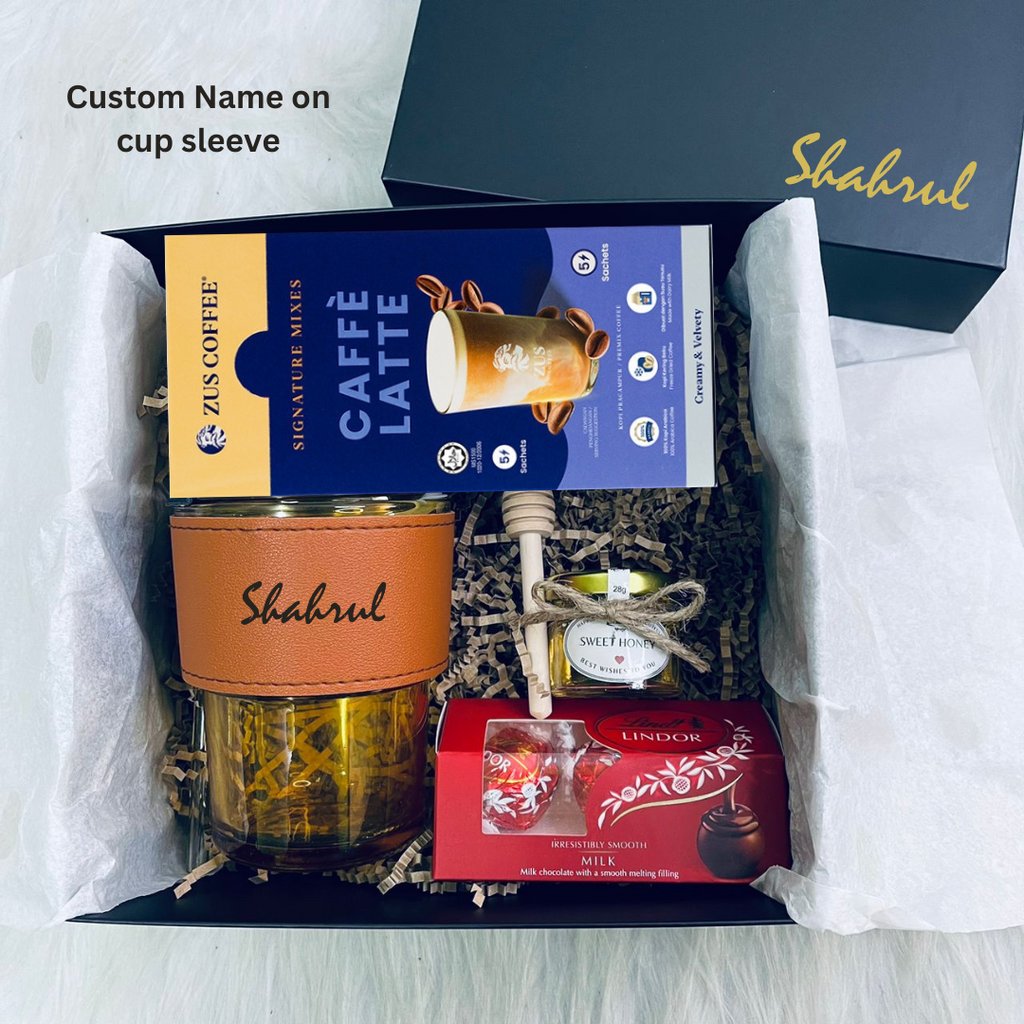 Personalised Eco-friendly Glass Cup, Lindt Chocolates, Pure Honey & ZUS Premium Instant Coffee Premix Gift Box Set (Klang Valley Delivery)
