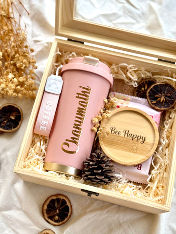 Rosy Winter Treasures | Customizable Wooden Box, Thermos, Chocolate, Notebook & Coaster (Klang Valley Delivery)