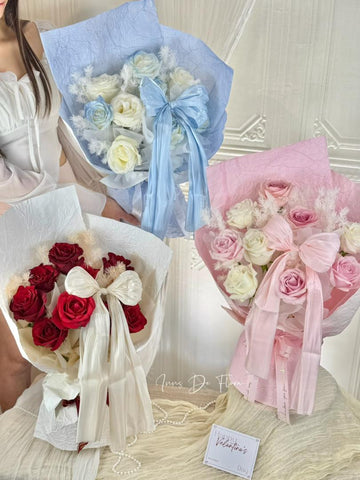 [Valentine's Day 2026] 9 stalks Fresh Flower Bouquet with silk ribbon (Klang Valley Delivery) - Valentine's Day Flowers & Gifts 2026