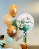 Green and Gold Customized Bubble Helium Balloon with 6's Balloon Bundle (Kuching Delivery)