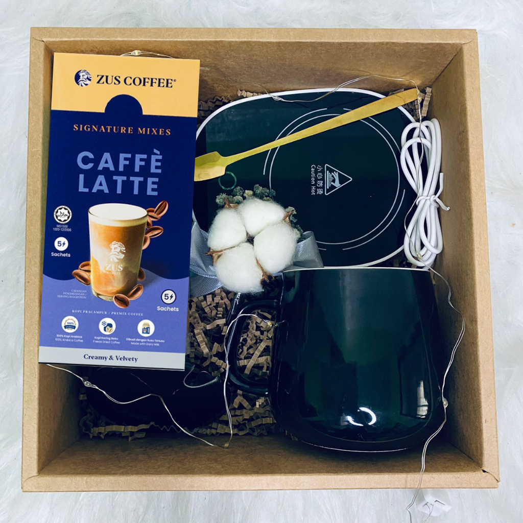 Christmas 2024: "Brew My Day" Customized Ceramic Mug and Gold spoon, mug warmer heater pad, ZUS Premium Instant premix Coffee & mini cotton flower Gift Set (Klang Valley Delivery)
