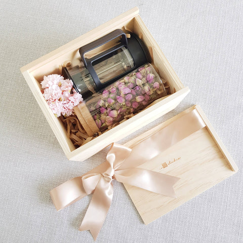 FLOWER TEA PINE WOOD GIFT SET 01 - FRENCH ROSE (KLANG VALLEY DELIVERY)