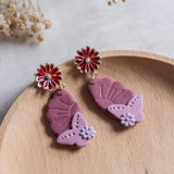 Daisy Red Butterfly Flower Minimalist #5 Polymer Clay Gold Handmade Earring