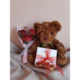 Teddy Bear, Chocolate and Artificial Rose Mini Bouquet Gift Set (Klang Valley Delivery)