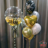 Gold and Black Themed 22-Inch Birthday Personalized Balloon With Lights + 7 Helium-Filled Mixed Bouquet