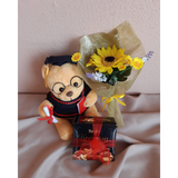 Graduation Teddy Bear, Chocolate and Artificial Mini Sunflower and Mixed Flowers Bouquet Gift Set (Klang Valley Delivery)