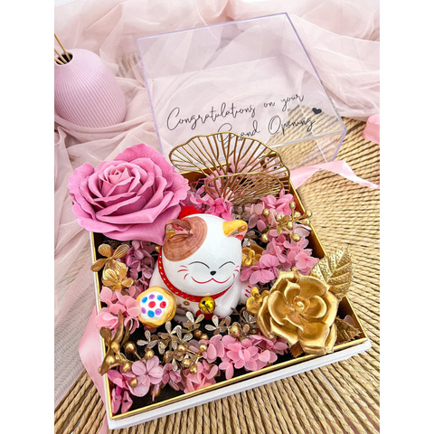 Congratulatory Soap & Preserved Flower Acrylic Box with Fortune Cat (Klang Valley Delivery)