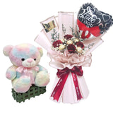 Fragrance Artificial Flower and Ferrero Bouquet with Fluffy Rainbow Teddy Bear (Penang Delivery Only)