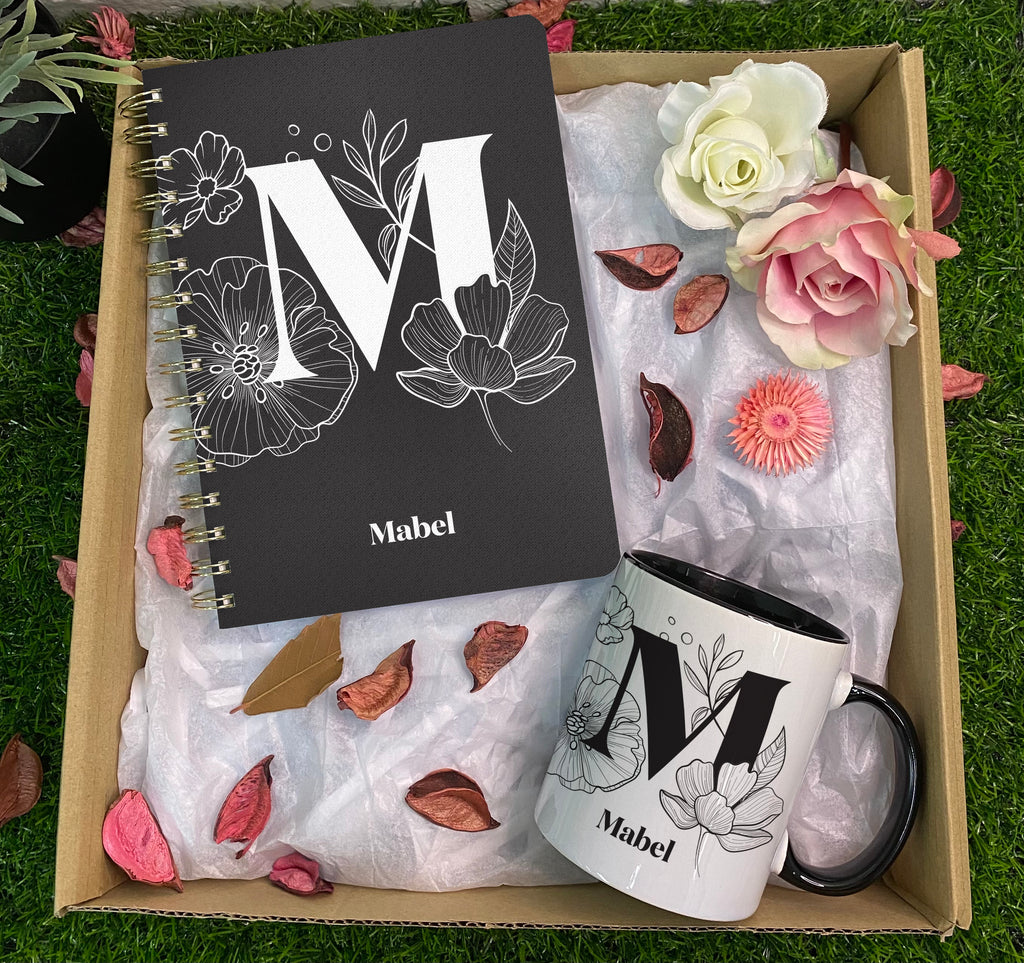 Monochrome Floral Alphabet Series Mug & Journal Gift Set (West Malaysia Delivery Only)