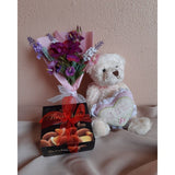The Warmest Hugs and Wishes Teddy Bear, Chocolate and Artificial Mini Mixed Flowers Bouquet Gift Set (Klang Valley Delivery)