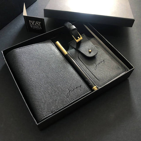 Father's Day 2024  Premium Leather Travel Set - Multi-Slot Passport Holder + Luggage Tag + Wooden Pen