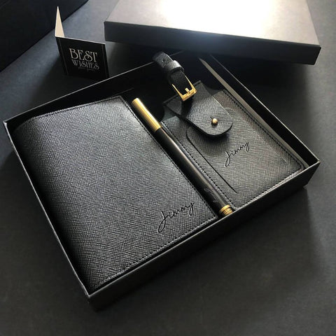 Premium Leather Travel Set - Multi-Slot Passport Holder + Luggage Tag + Wooden Pen