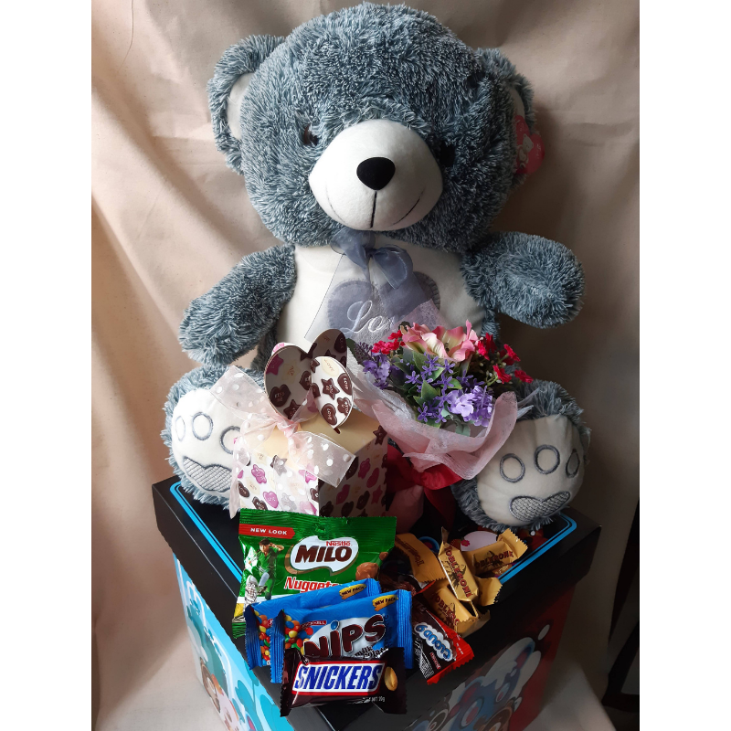 Teddy Plush Toy With Mini Artificial Flower Bouquet & Chocolates Gift Box (Klang Valley Delivery)