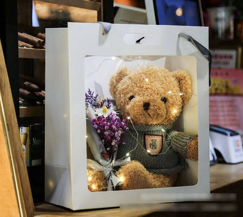 Teddy Bear Soft Plush Toy With Scented Soap Rose / Baby Breath Flower Bouquet & LED Fairy Lights Birthday, Anniversary, Congratulations, Get Well Soon, etc. (Klang Valley Delivery)