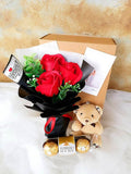 3 Stalks Soap Roses Teddy Bear With Ferrero Rocher 3pcs