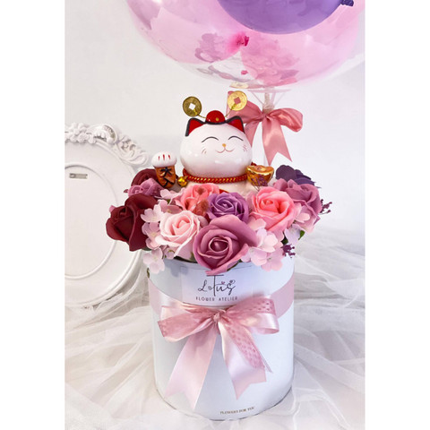 Congratulatory Soap Flower with Lucky Cat Hot Air Balloon