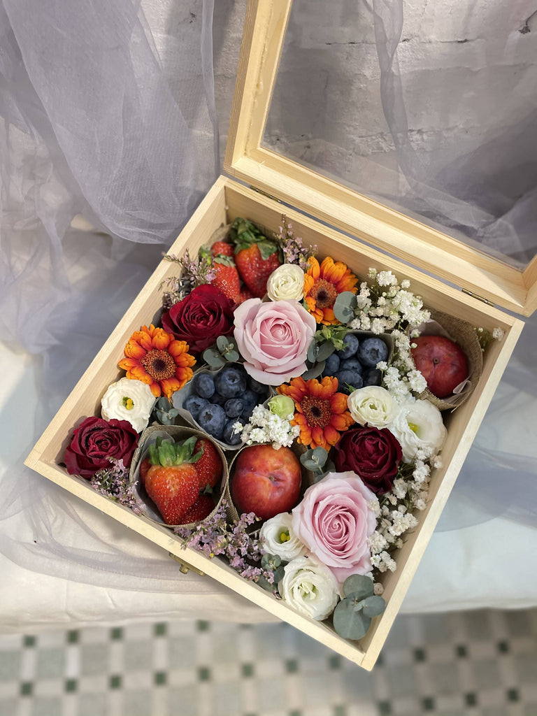 Fresh Fruits Flowers In Wooden Box (Kota Kinabalu Delivery Only