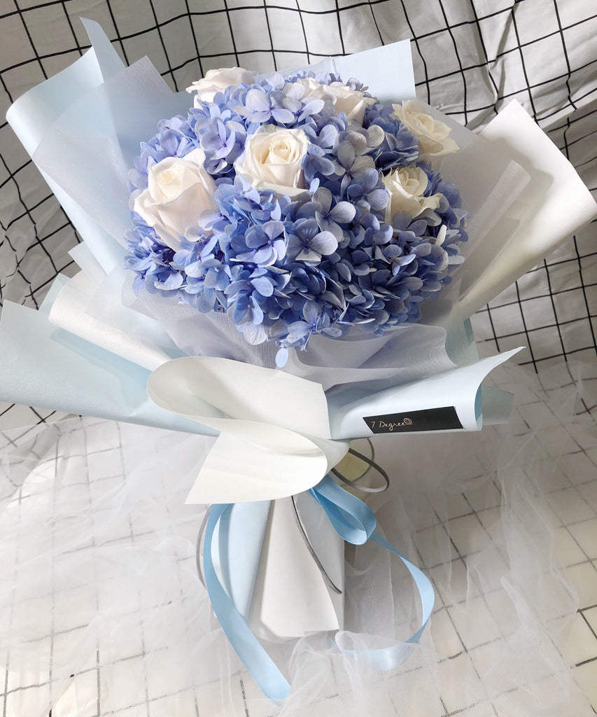 Blue Hydrangea with Cream Roses Bouquet