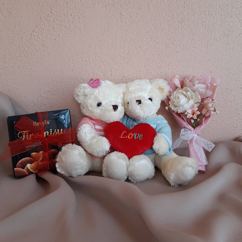 Couple Bear With Heart Soft Toy, Chocolate & Artificial Mini Mixed Flowers With Rose Bouquet Gift Set (Klang Valley Delivery)