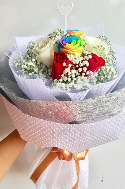 Rainbow with Red & White Roses