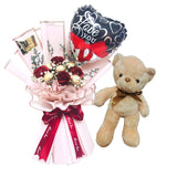 Fragrance Artificial Flower and Ferrero Rocher Bouquet with Teddy Bear Valentine's Day 2022 (Penang Delivery Only)