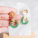 CNY 2024 Blooming Prosperous Leaves Flower Green Gold Earring  (Nationwide Delivery)