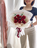 Soap Flower Red Rose with leaf bouquet (Artificial Flower with White Wrapping) | (Klang Valley Delivery)