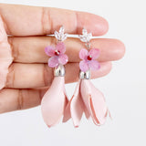 Handmade Pink Hydrangea Flower with Cloth Pendant Silver Earring
