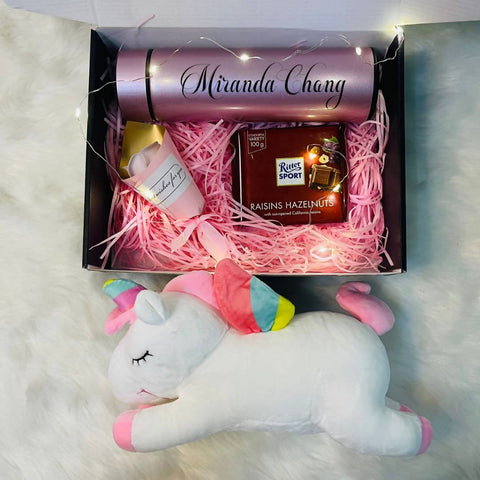 Personalized Thermal Flask With Unicorn Plush Toy, Mini Soap Flower Bouquet & Chocolate Gift Box Set (Klang Valley Delivery)