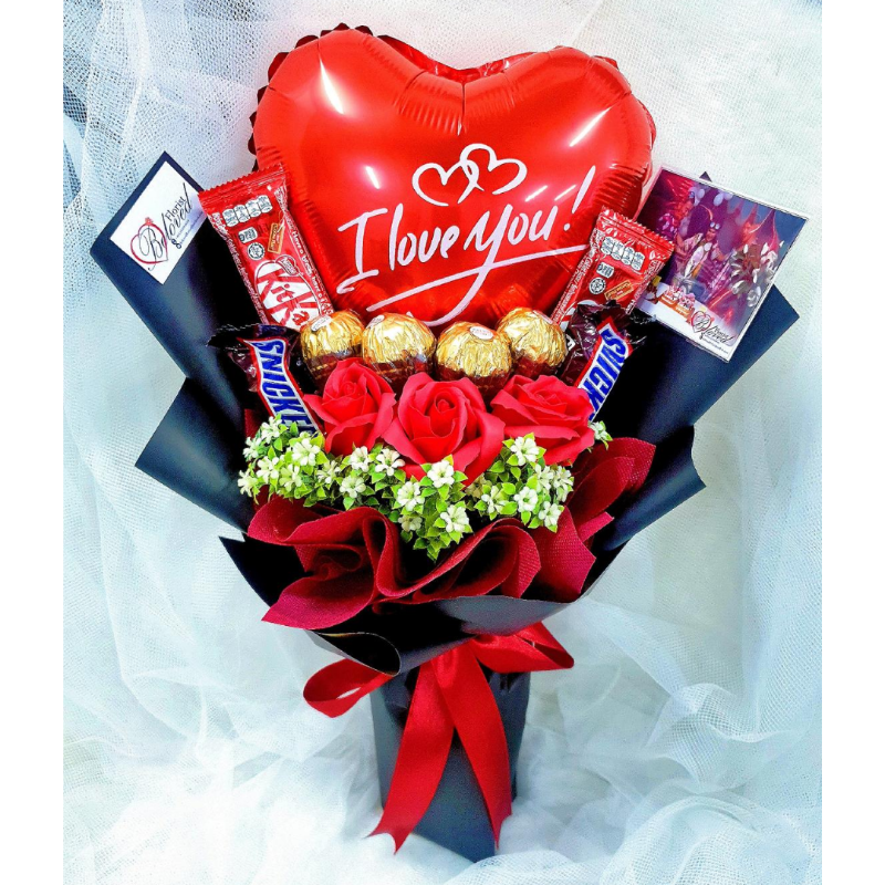 Chocolate Flower Bouquet with 10 inch Love Heart Foiled Balloon (happy  birthday)