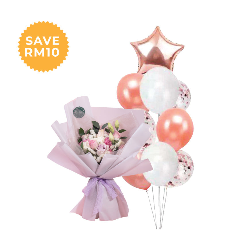 Confetty Metallic Balloon Bunch+ Fresh Flower Bouquet (Klang Valley Delivery)