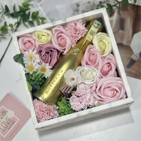 Personalised Gift Box With Soap Flowers And Wine / Champagne / Sparkling Wine | (Klang Valley Delivery)