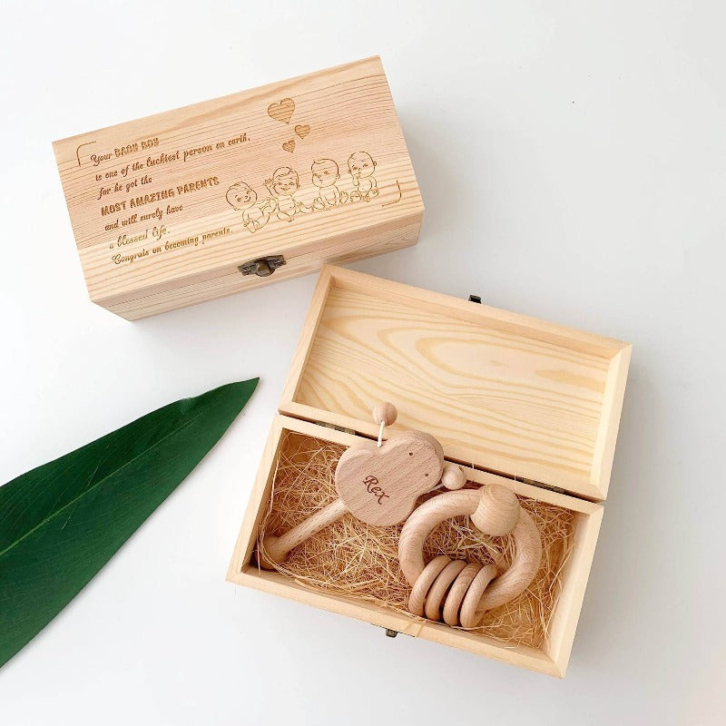 Baby Gift Set #01 - Personalized Wooden Box, Montessori Wooden Rattles