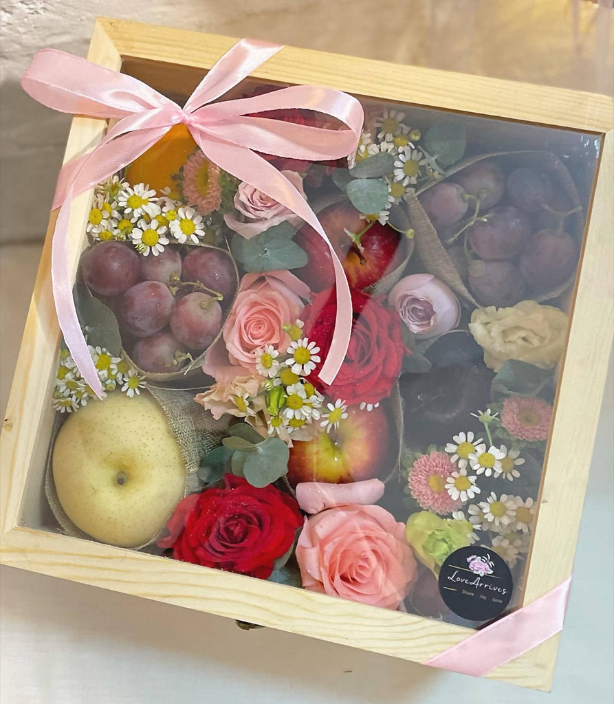 Fresh Fruits Flowers In Wooden Box (Kota Kinabalu Delivery Only