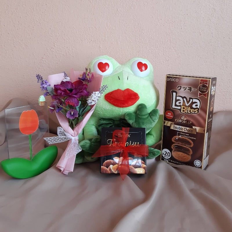 Princess Froggie Love Soft Toy with Chocolates, Cookies, 4R Photo Frame and a Mini Artificial Floral Bouquet in a Printed Box Gift Pack (Klang Valley Delivery)
