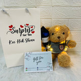 'Teddy Bear With Scented Soap Rose / Baby Breath Flower Bouquet & LED Fairy Lights Birthday, Anniversary, Congratulations, Get Well Soon, Graduation, etc. (Nationwide Delivery)