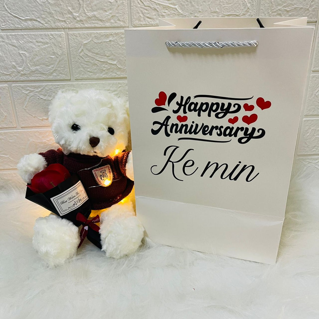 'Teddy Bear With Scented Soap Rose / Baby Breath Flower Bouquet & LED ...