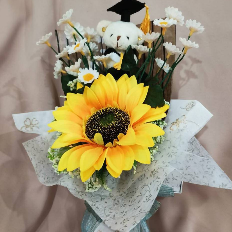 Sunny Bear Graduation Bouquet, Artificial Sunflower& Daisies With Chocolate Gift Set (Klang Valley Delivery)