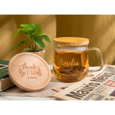 Personalized Heat-Resistant Glass Tea Cup Set with Wood Lid and Coaster (Nationwide Delivery)