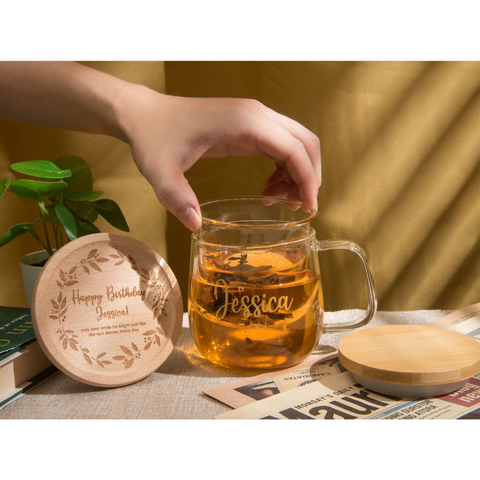 Personalized Heat-Resistant Glass Tea Cup Set with Wood Lid and Coaster (Nationwide Delivery)
