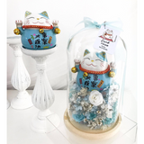 Congratulatory Preserved Flower Glass Dome With Fortune Cat