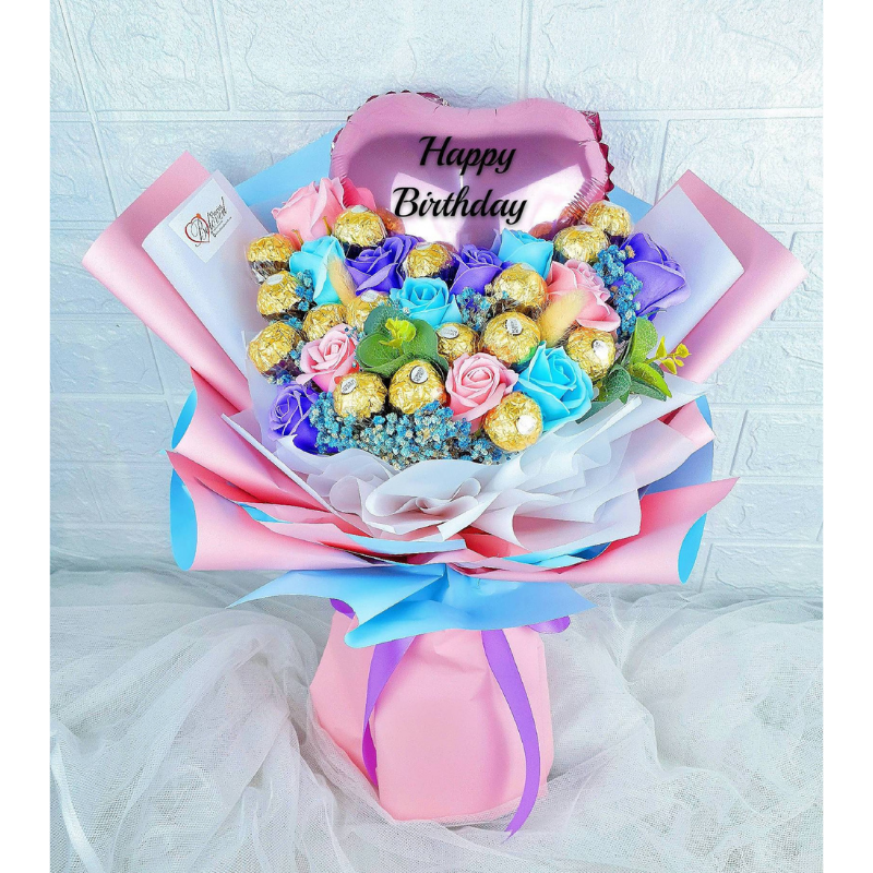 Mix Color Artificial Soap Rose Ferrero Rocher Bouquet With Balloon